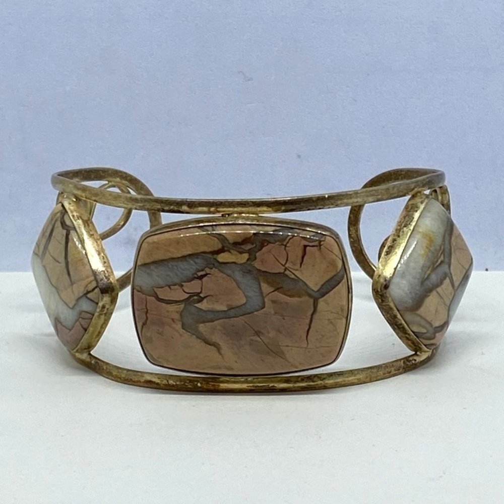 Beautiful!Custom Made Bracelet Cuff Gold Tone Brass with 3 Picture Jasper Stones